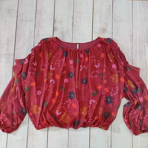 Free People Wildflower Honey Floral Stretch Mesh Blouson Ruffle Top S - Picture 7 of 13